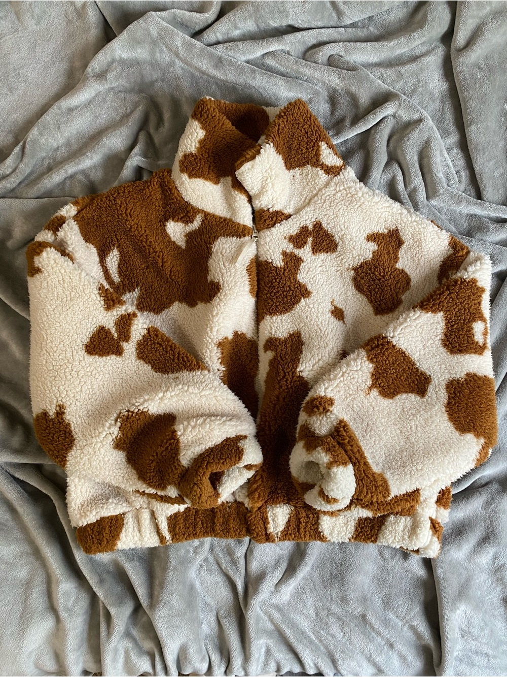 Urban Outfitters Cream & Brown Cow-Print Teddy Jacket - Small